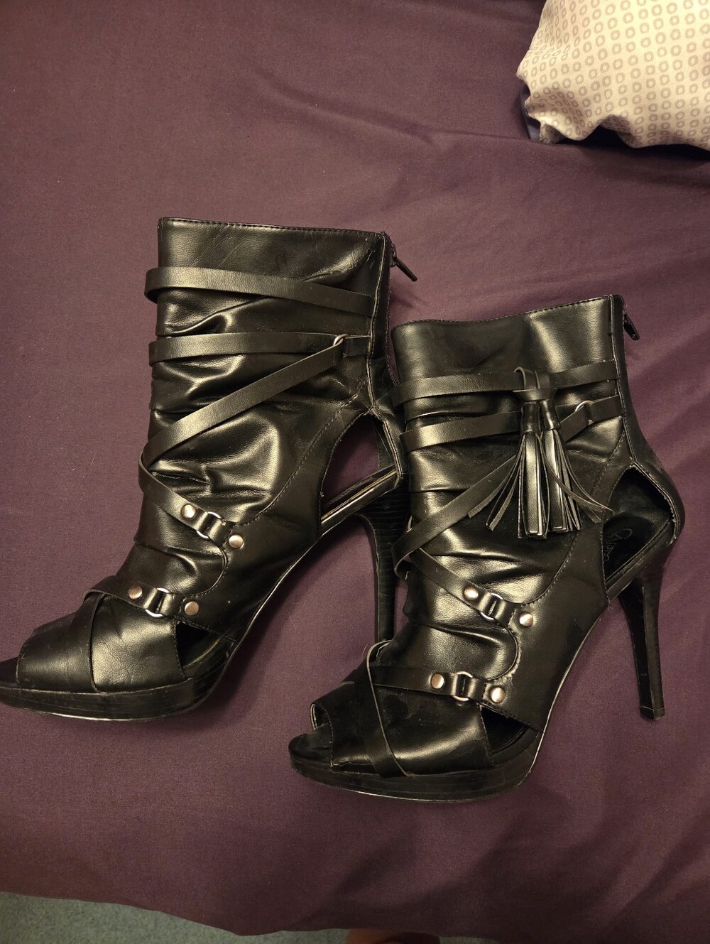 Carlos by Carlos Santana Black Tassel Wrap Peep-Toe Ankle Heels